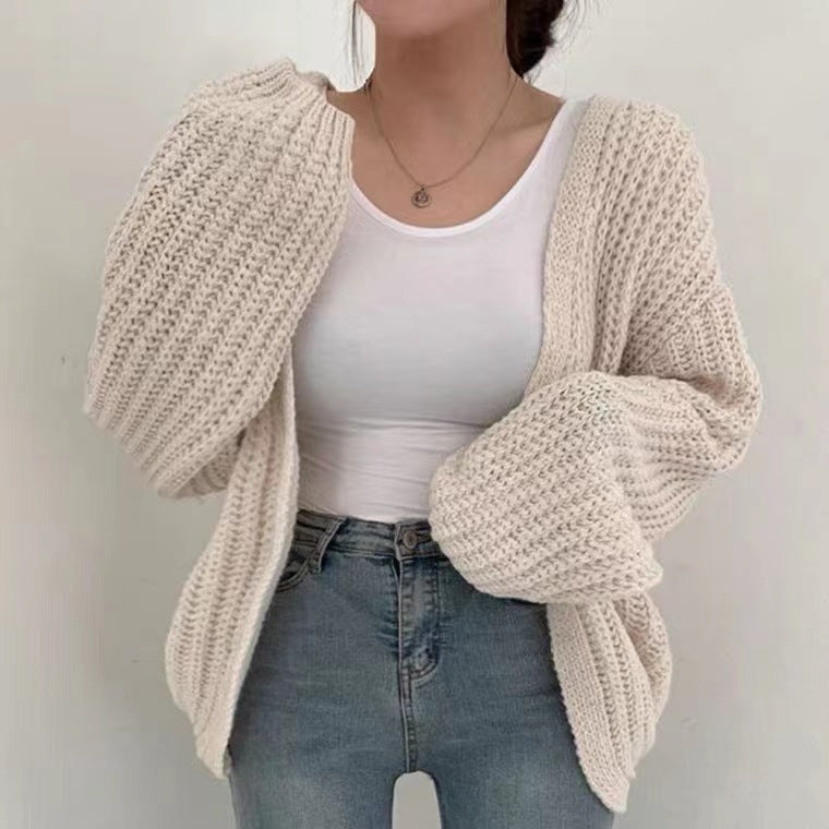 Solid Color Balloon Sleeve Knit Cardigan