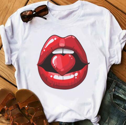 Short-sleeved t-shirt female lips print bottoming shirt