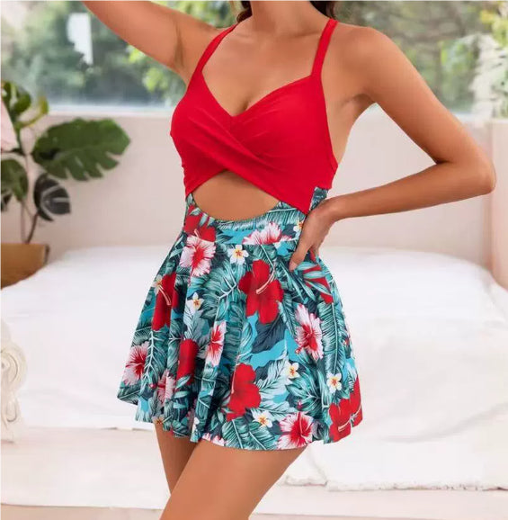 Cutout Sling Bikini Chest Pad Skirt One-piece Swimsuit