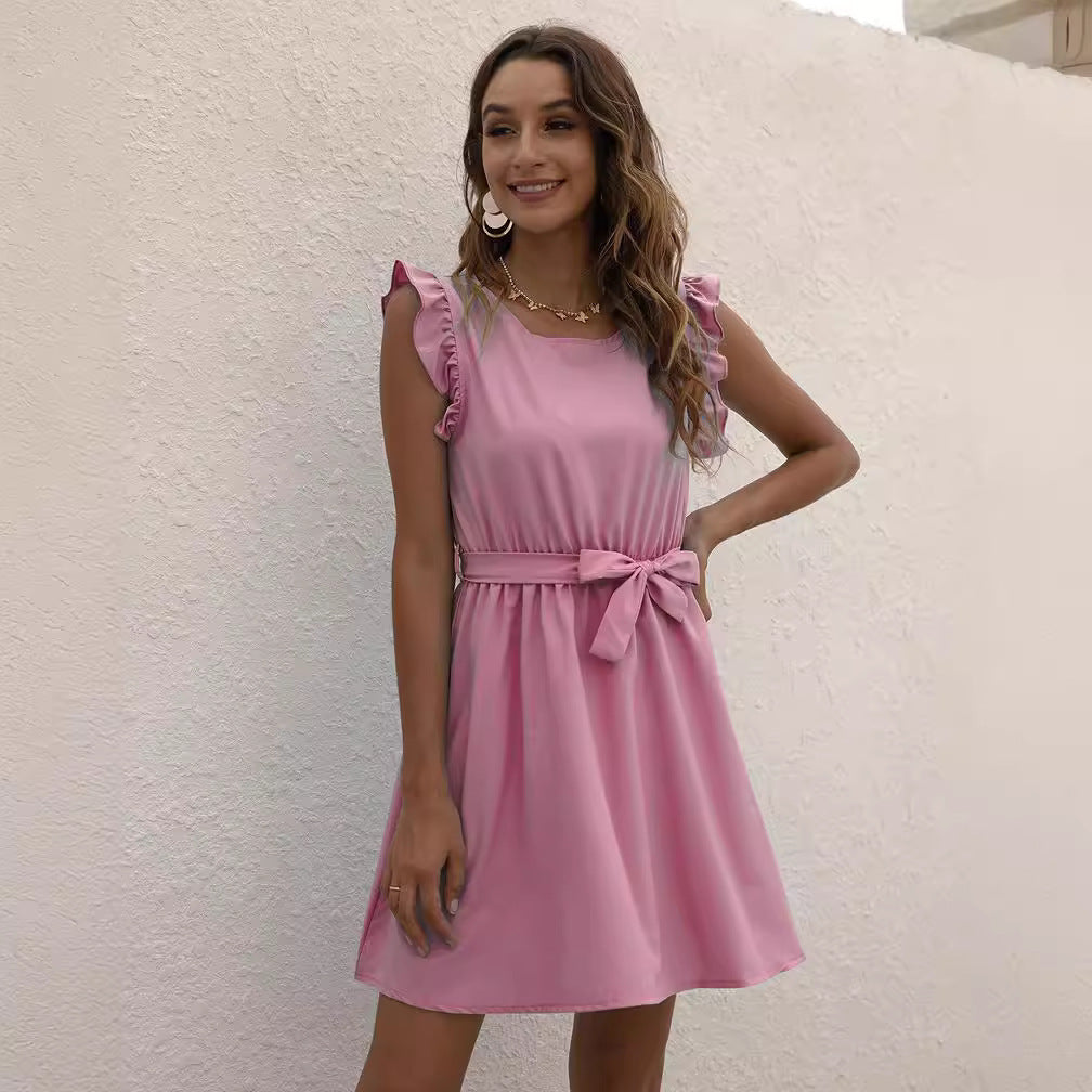 Crew-Neck Lace-Up Waist-Cinched Dress