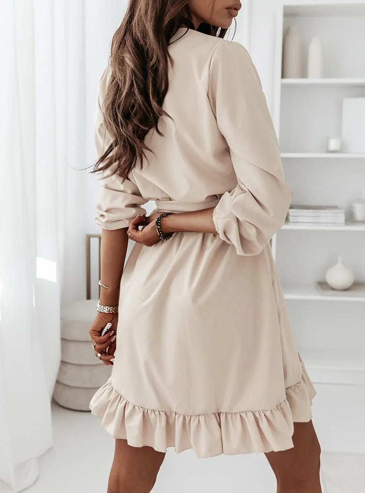 Long Sleeve Ruffled V Neck Tie Waist Dress
