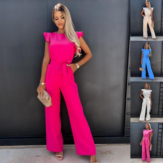 High Waist Commuter Waist Trimming Lace Up Short Sleeve Jumpsuit Trousers
