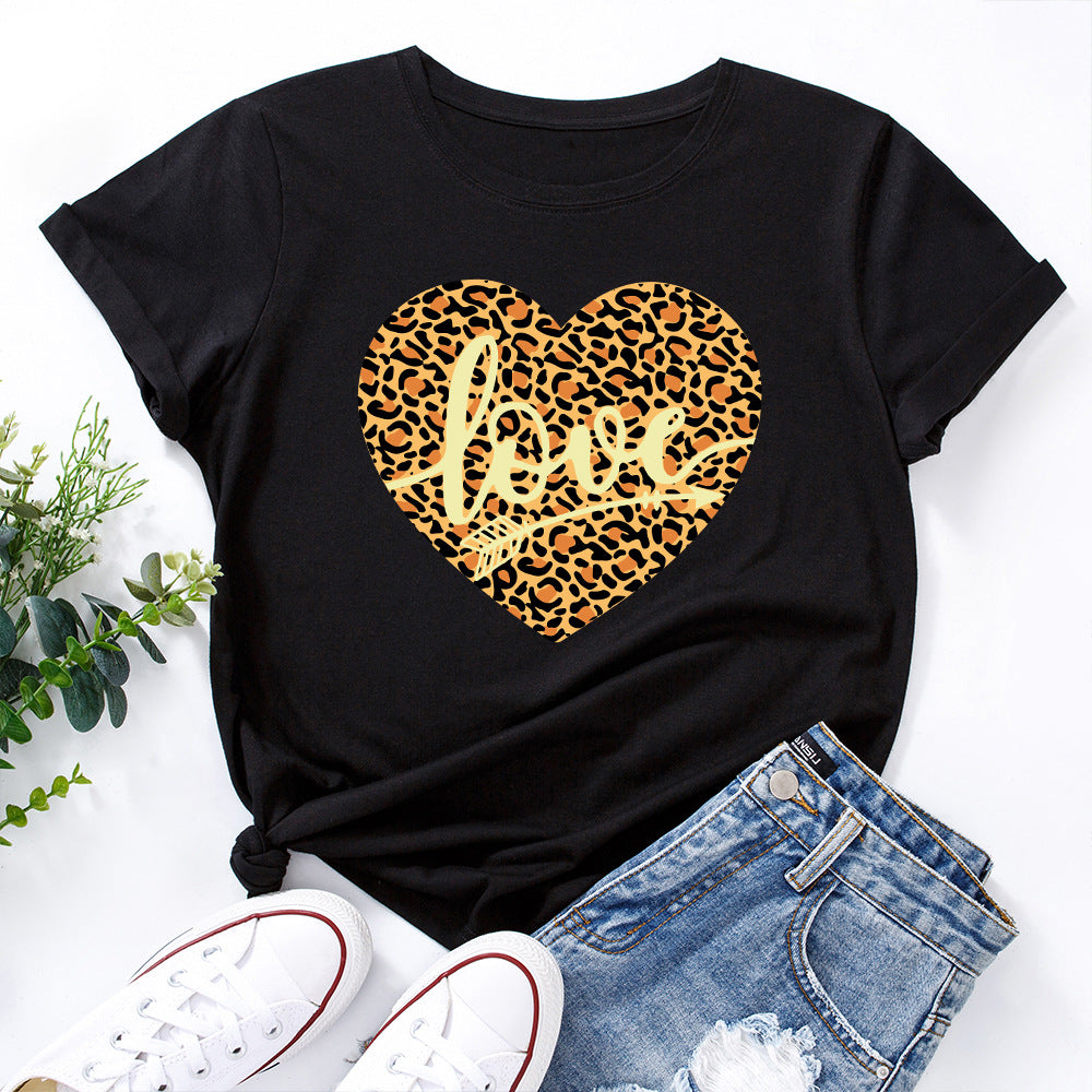 European And American Women's Leopard Love Print Loose Round