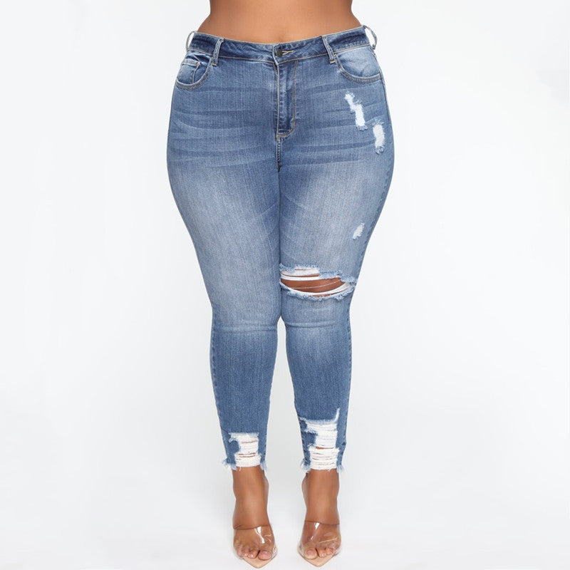 Ripped Plus Size Ladies Denim Pants Jeans