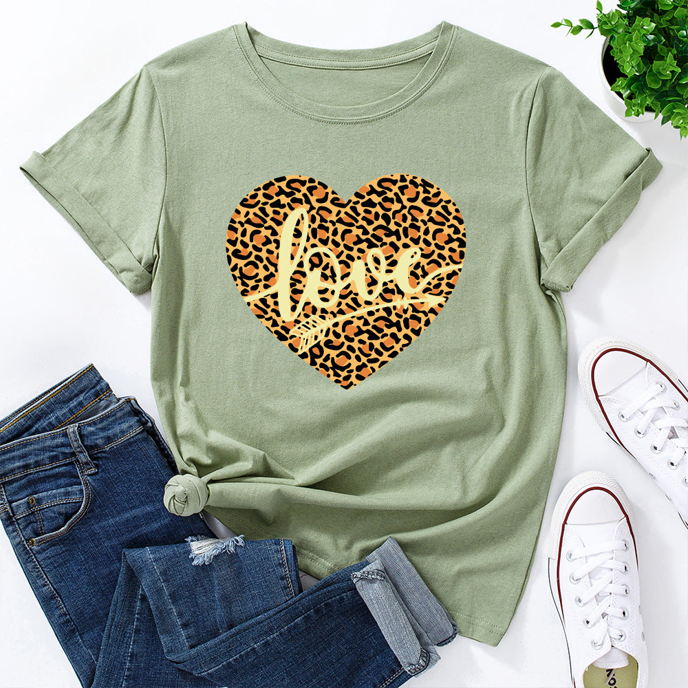 European And American Women's Leopard Love Print Loose Round