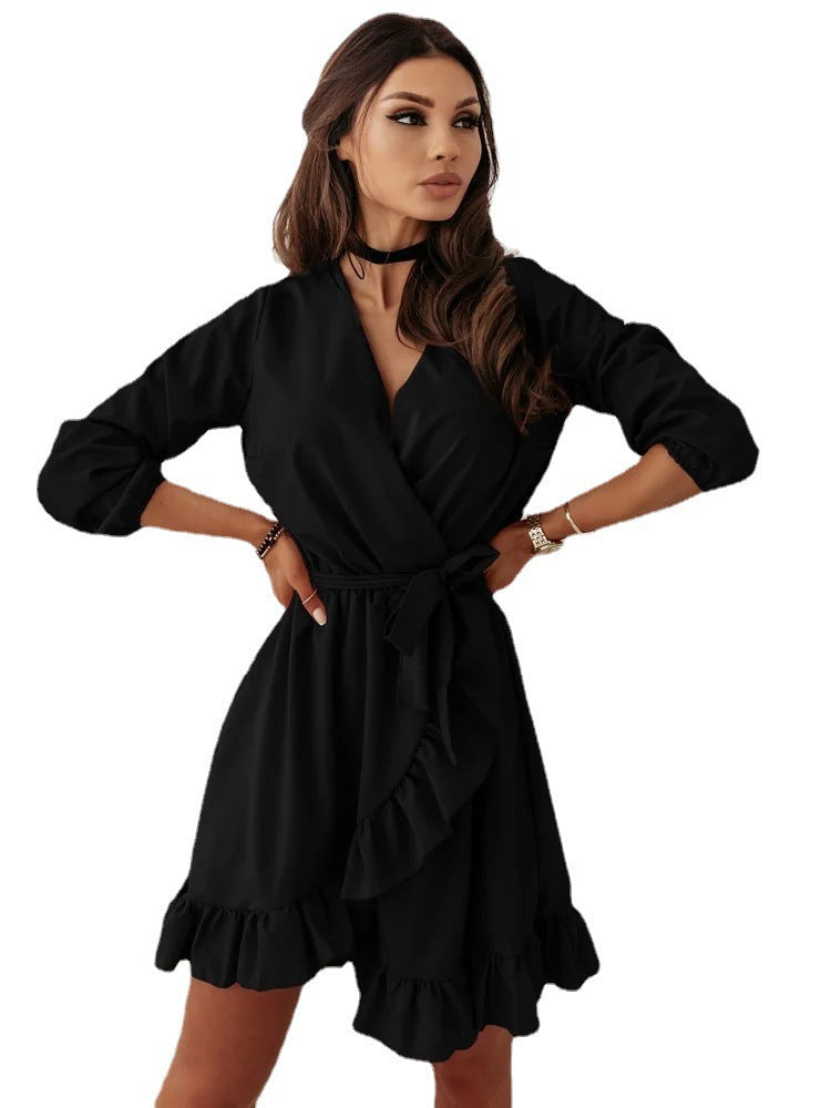Long Sleeve Ruffled V Neck Tie Waist Dress