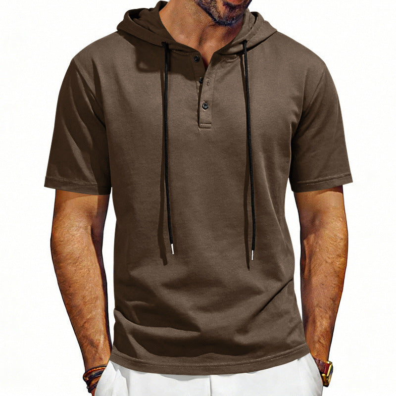 Men's Henley-Neck Drawstring Short-Sleeve Hoodie T-Shirt