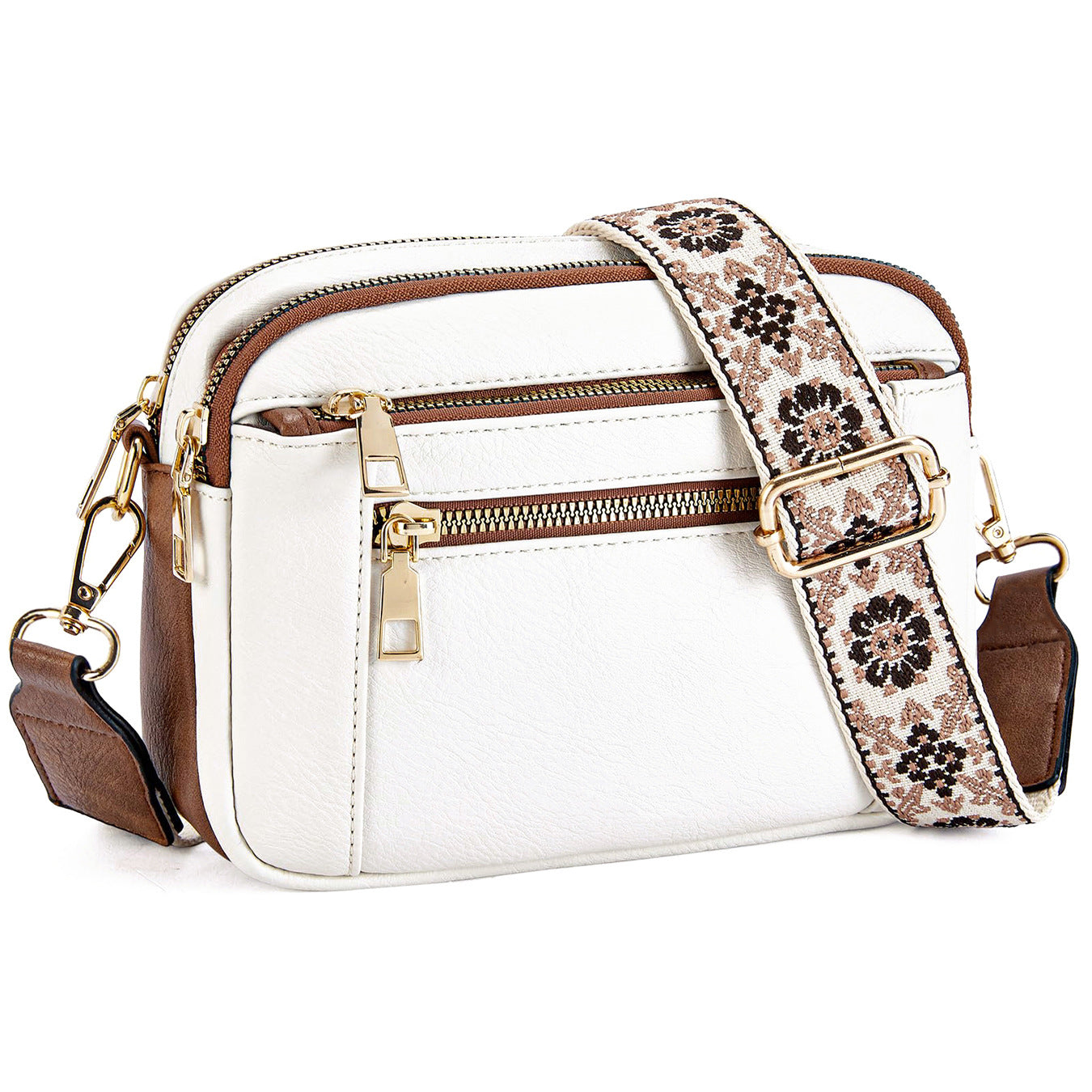 Triple-zipper Shoulder Bag With Floral