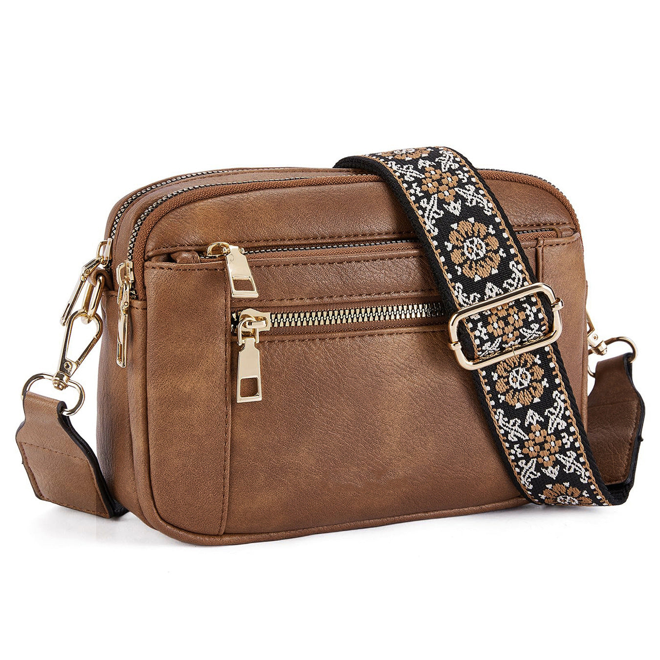 Triple-zipper Shoulder Bag With Floral