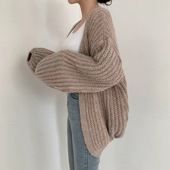 Solid Color Balloon Sleeve Knit Cardigan