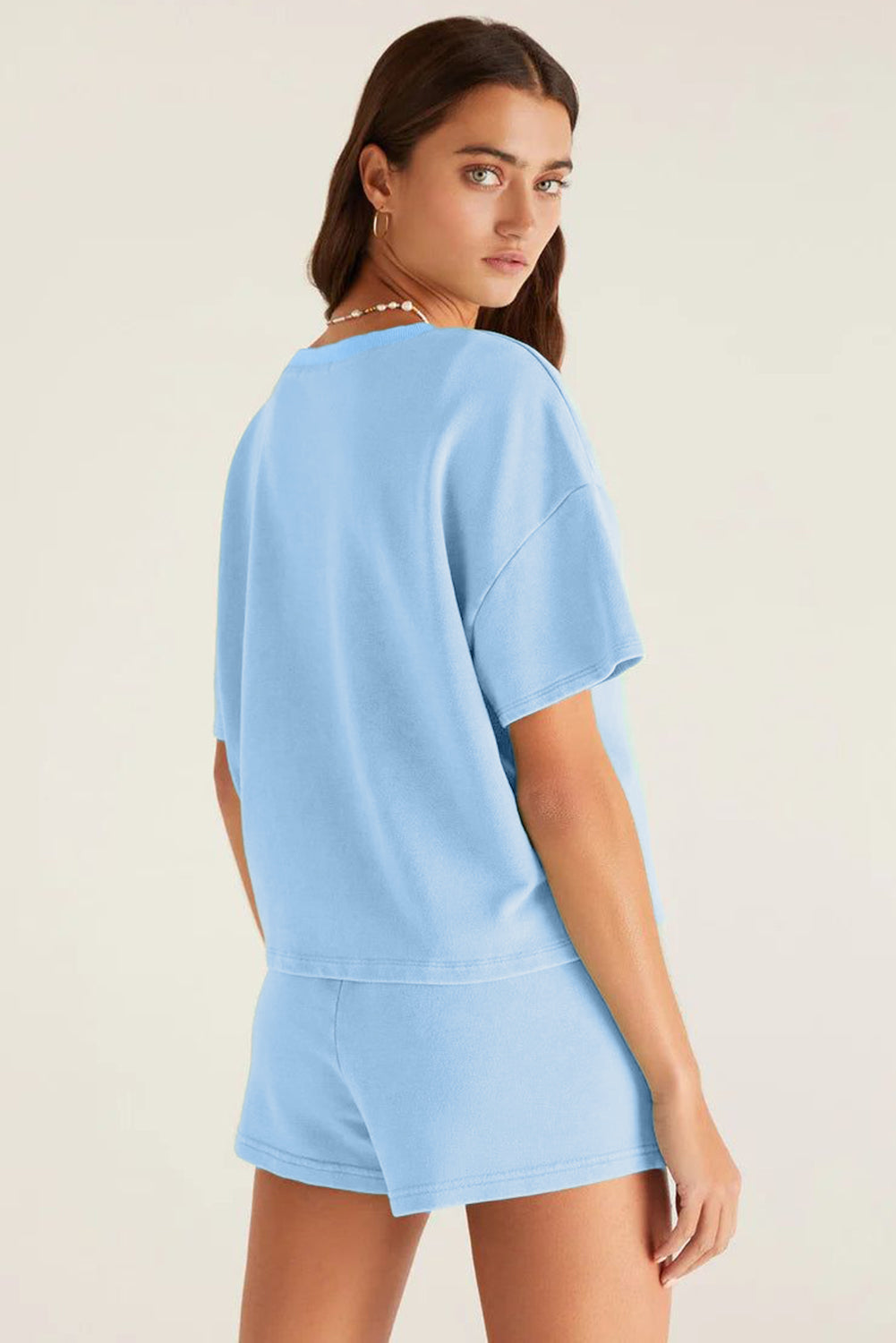 Mint Green V Neck Drop Shoulder Tee and Patchwork Drawstring Elastic Waistband Shorts Set