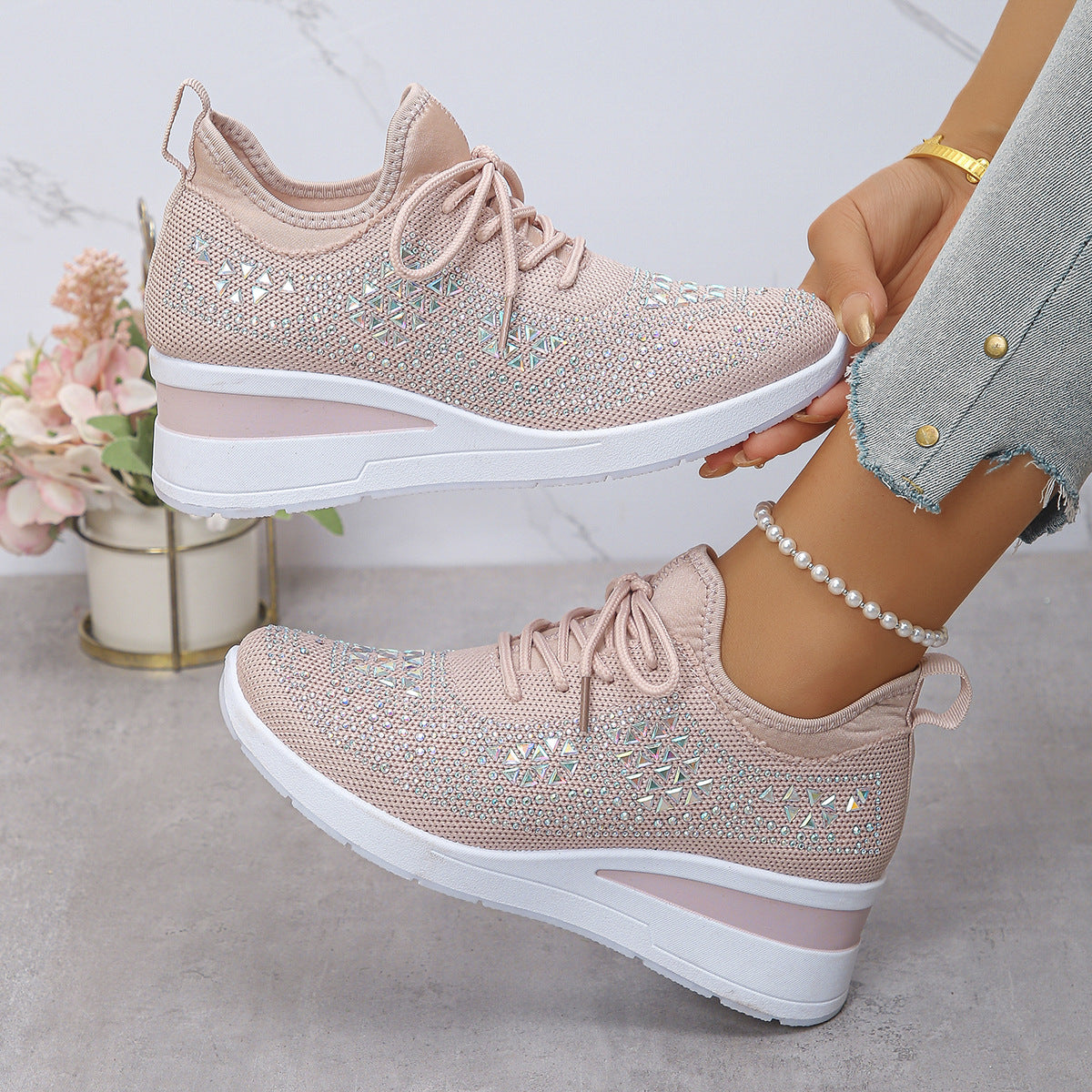 Rhinestone Lace Up Wedges