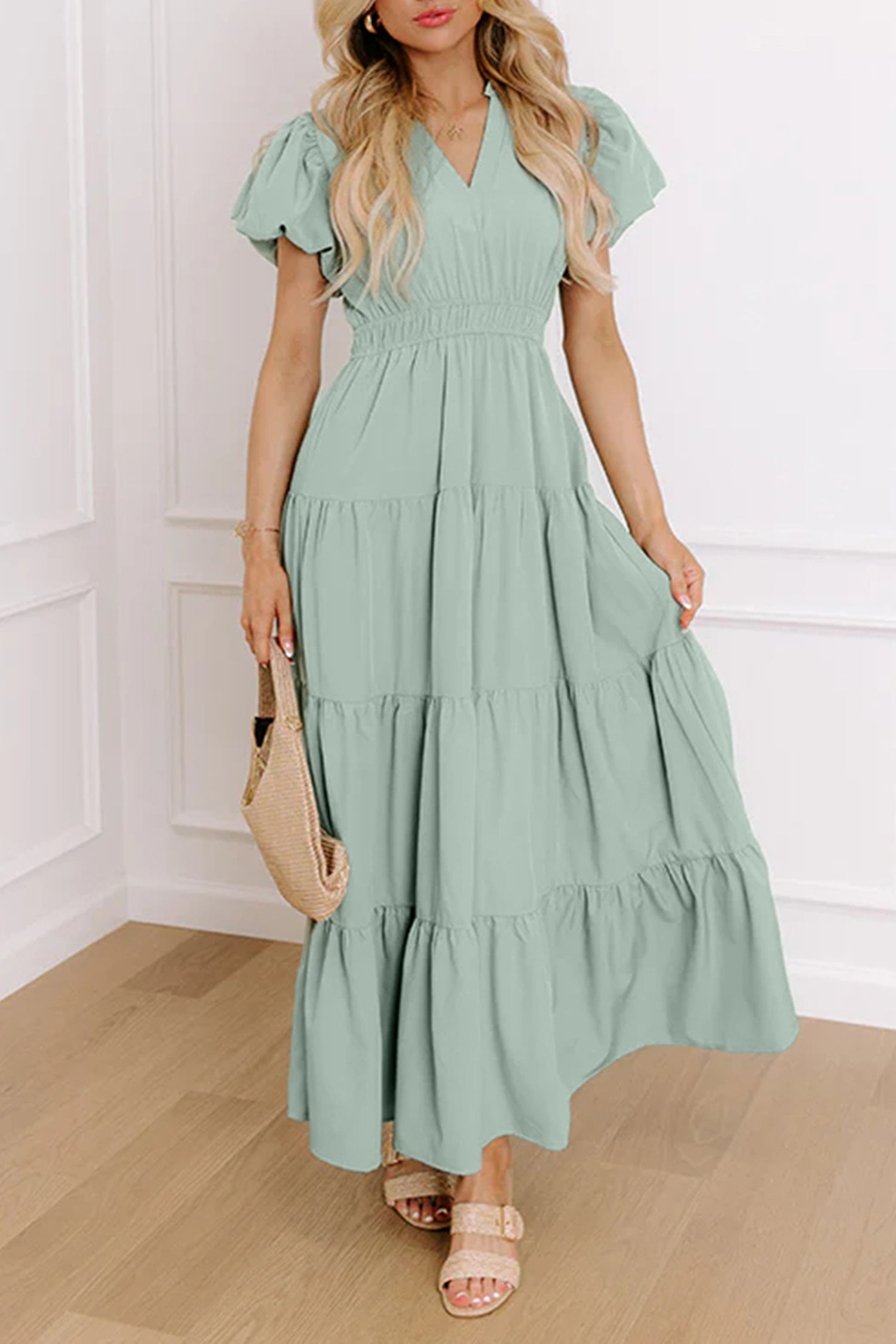 Coral Solid Color V Neck Short Puff Sleeve High Waist Tiered Maxi Dress