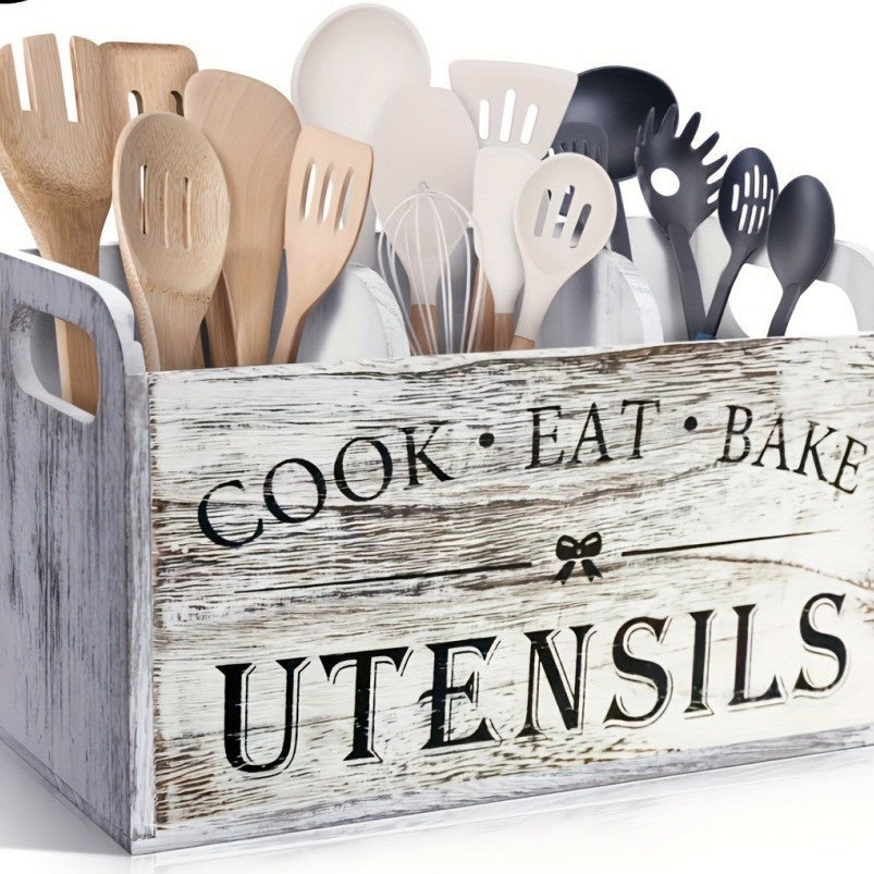 Wooden Vintage-Style Organizer Box For Kitchen Utensils Chopsticks And Spoons