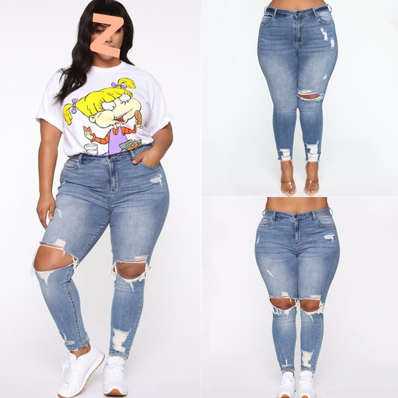 Ripped Plus Size Ladies Denim Pants Jeans