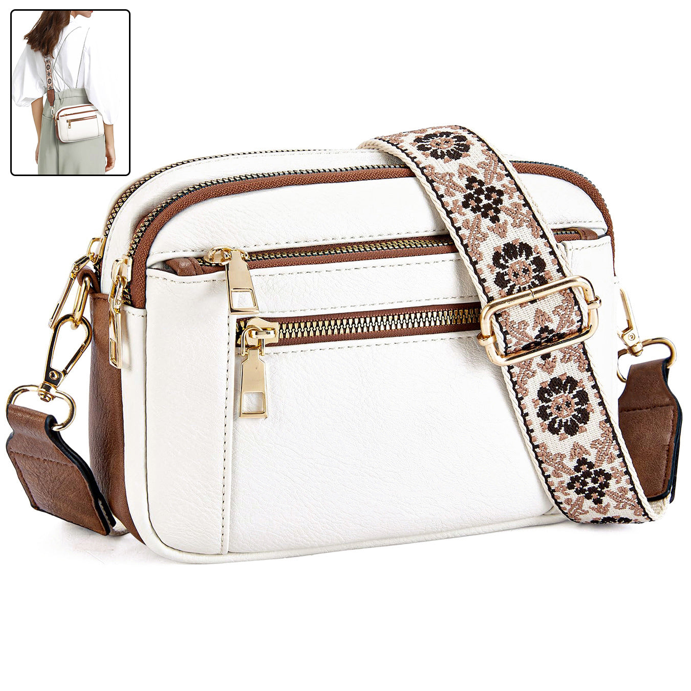 Triple-zipper Shoulder Bag With Floral