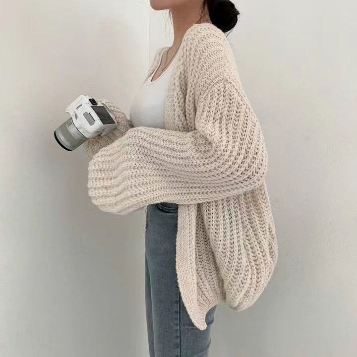 Solid Color Balloon Sleeve Knit Cardigan