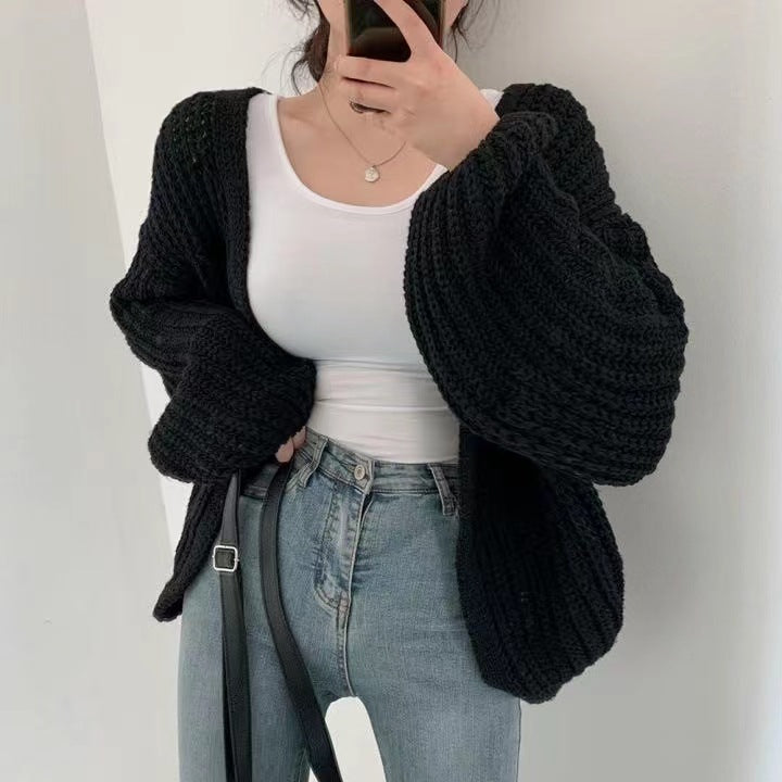 Solid Color Balloon Sleeve Knit Cardigan