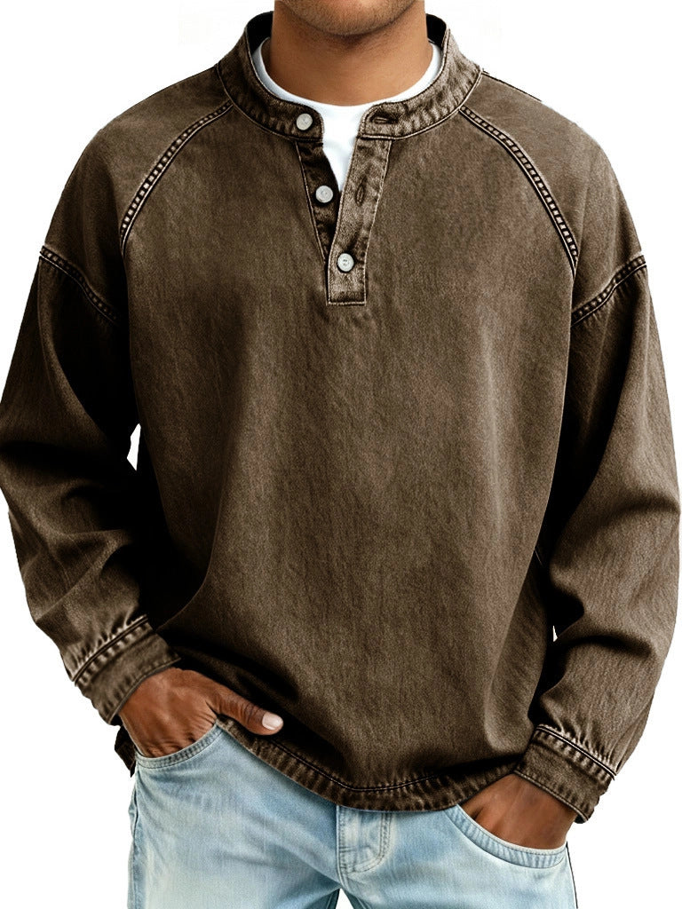 Men's Solid-Colored Casual Top Vintage Long-Sleeve Shirt