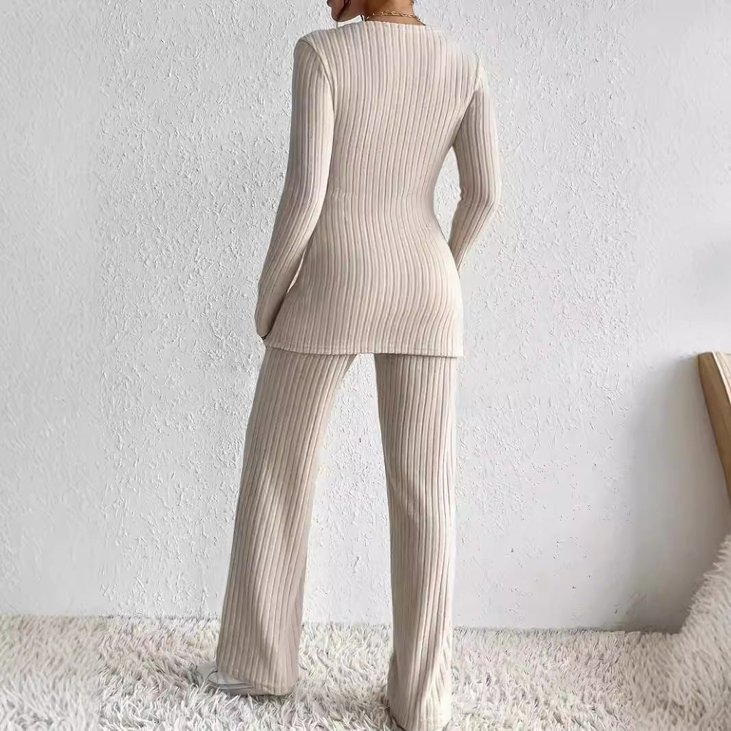Slim-fit Long-sleeved Loose High Waist Top Pants Set