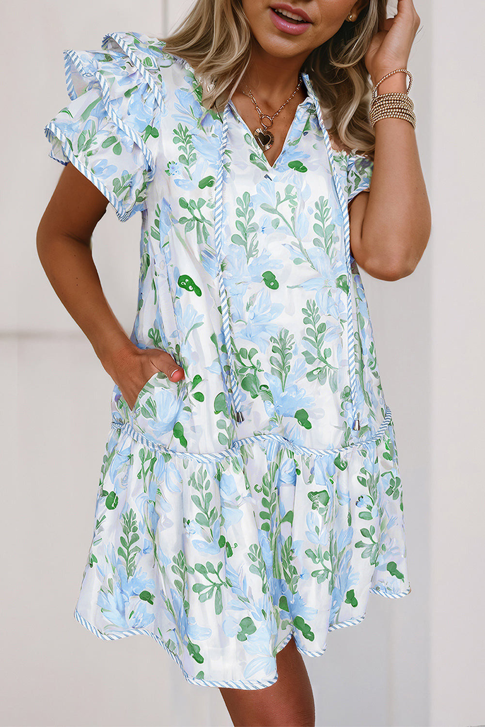 Pink Floral Contrast Edge Layered Short Sleeve Mini Dress
