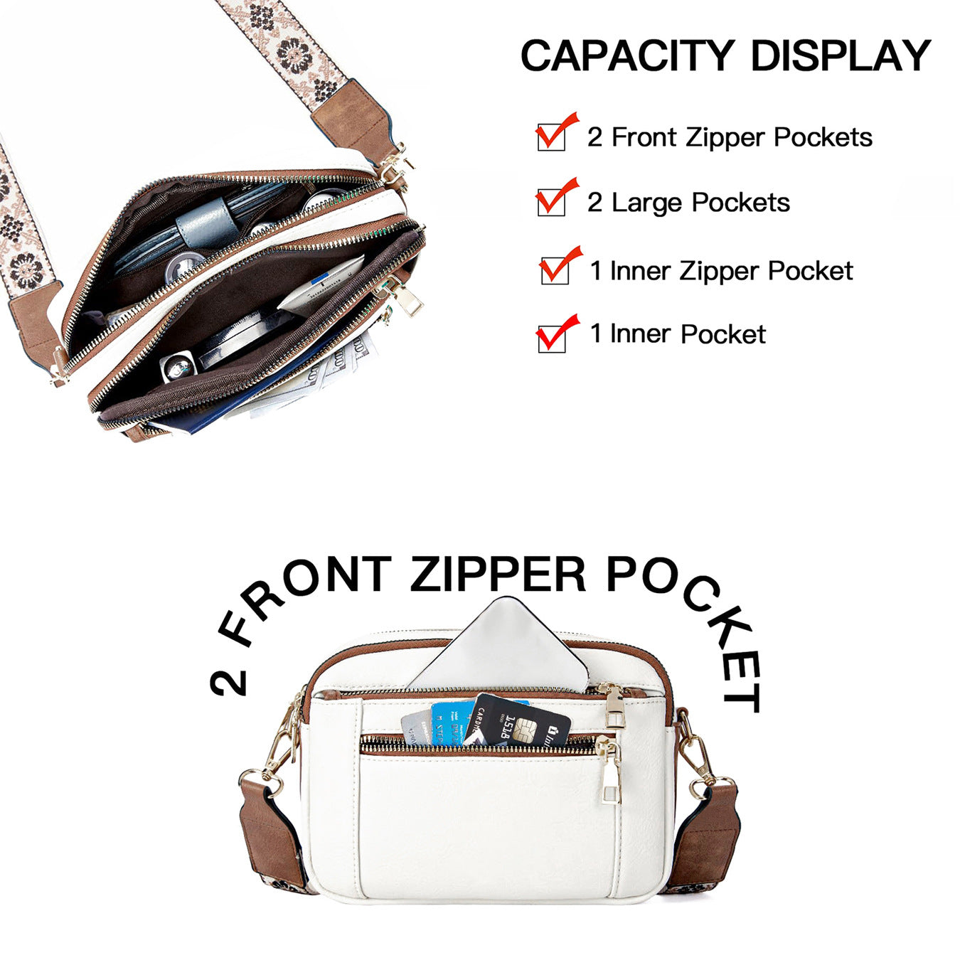 Triple-zipper Shoulder Bag With Floral
