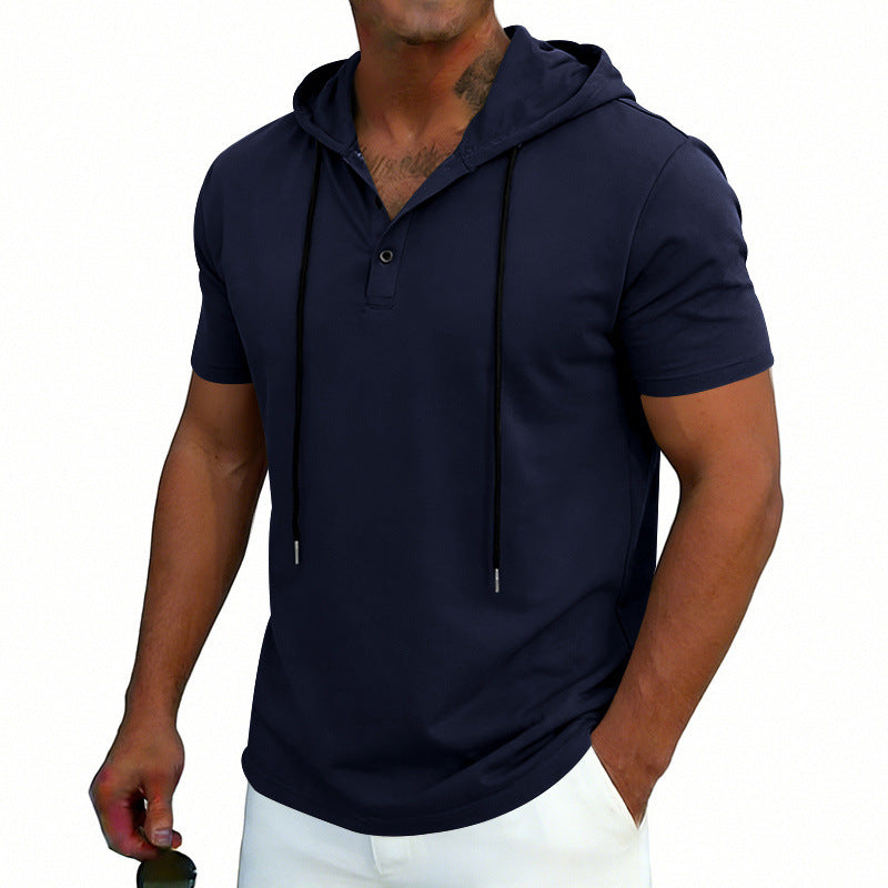 Men's Henley-Neck Drawstring Short-Sleeve Hoodie T-Shirt