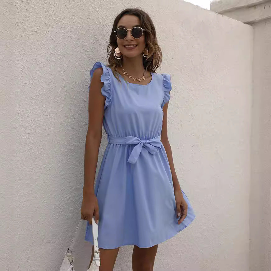 Crew-Neck Lace-Up Waist-Cinched Dress