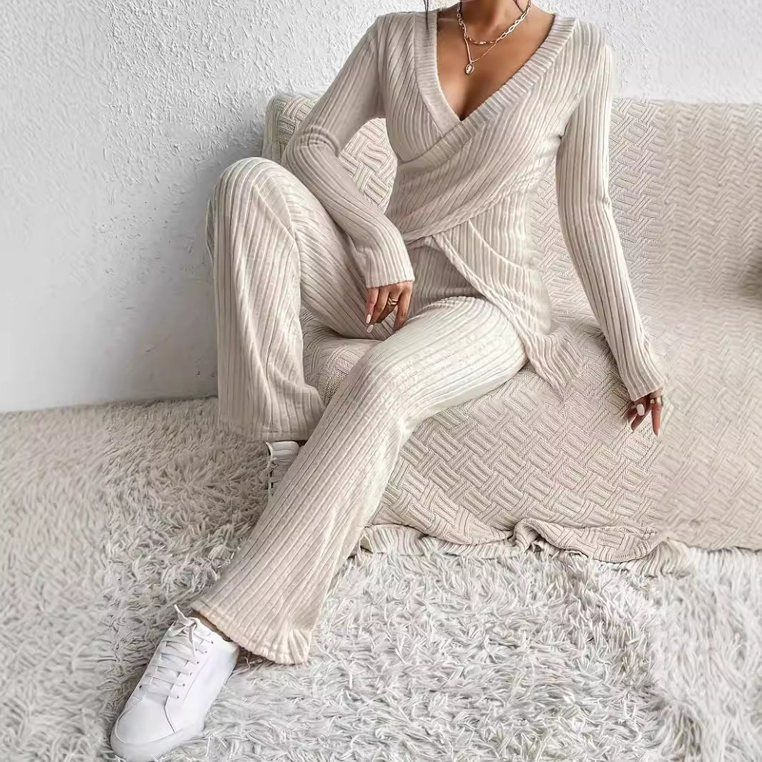 Slim-fit Long-sleeved Loose High Waist Top Pants Set
