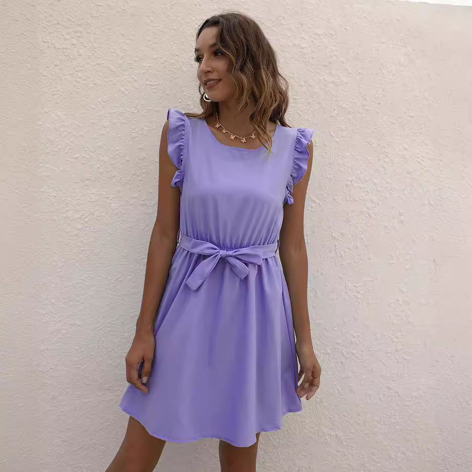 Crew-Neck Lace-Up Waist-Cinched Dress