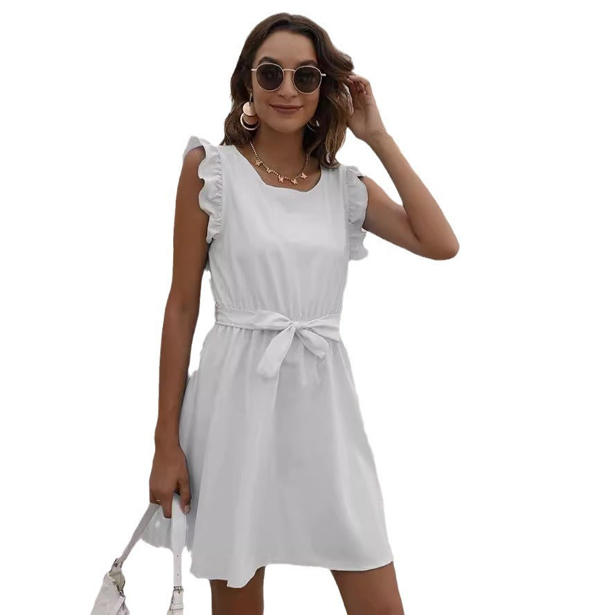 Crew-Neck Lace-Up Waist-Cinched Dress
