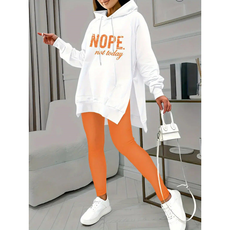 Letter Print Pocket Slit Casual Long Sleeve Hooded Casual Set