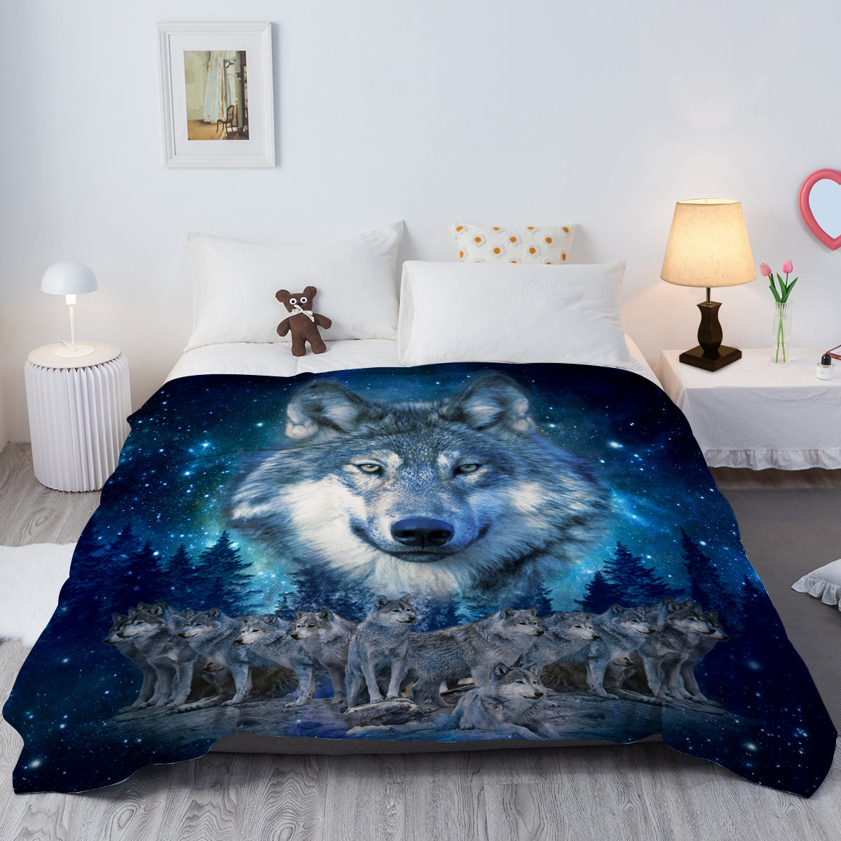 Blue Wolf Fleece Flannel Blanket Nature Wildlife Blanket Fluffy Cozy Winter Wolves Animal Fleece Blanket For Sofa Couch Travel