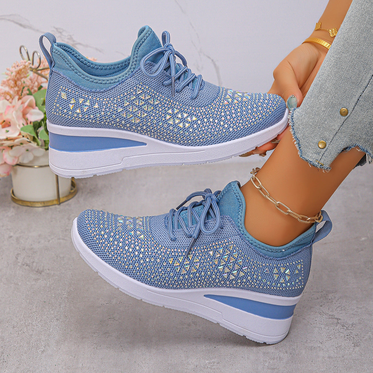 Rhinestone Lace Up Wedges
