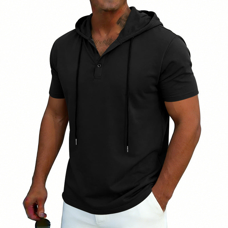 Men's Henley-Neck Drawstring Short-Sleeve Hoodie T-Shirt