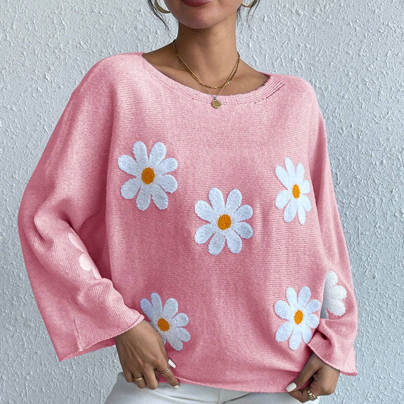 Women's Fashion Casual V-neck Flower Embroidery Sweater Top