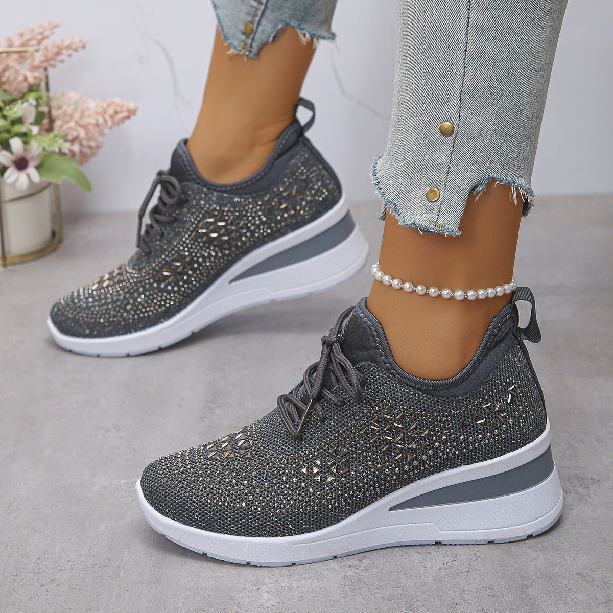Rhinestone Lace Up Wedges