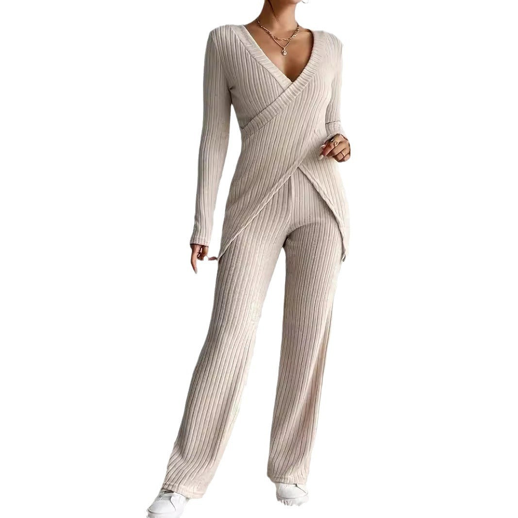 Slim-fit Long-sleeved Loose High Waist Top Pants Set