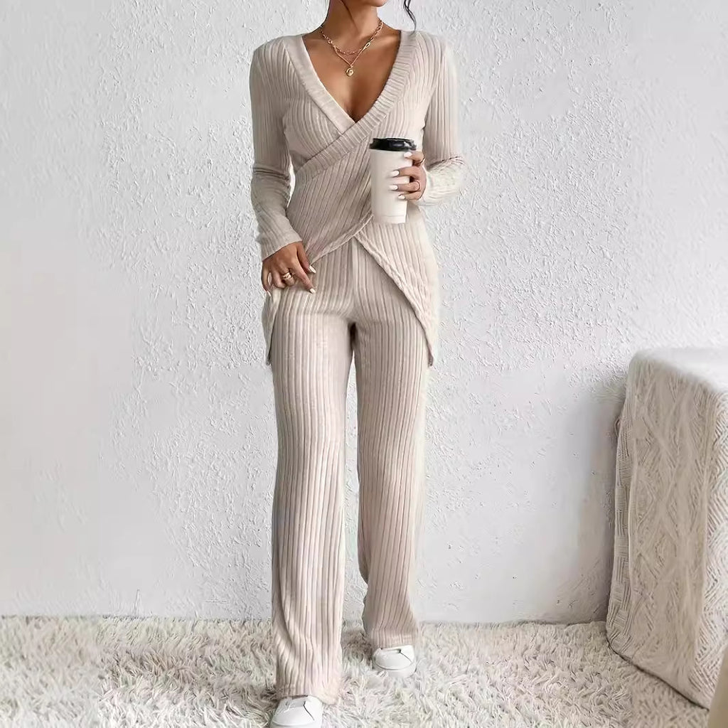 Slim-fit Long-sleeved Loose High Waist Top Pants Set