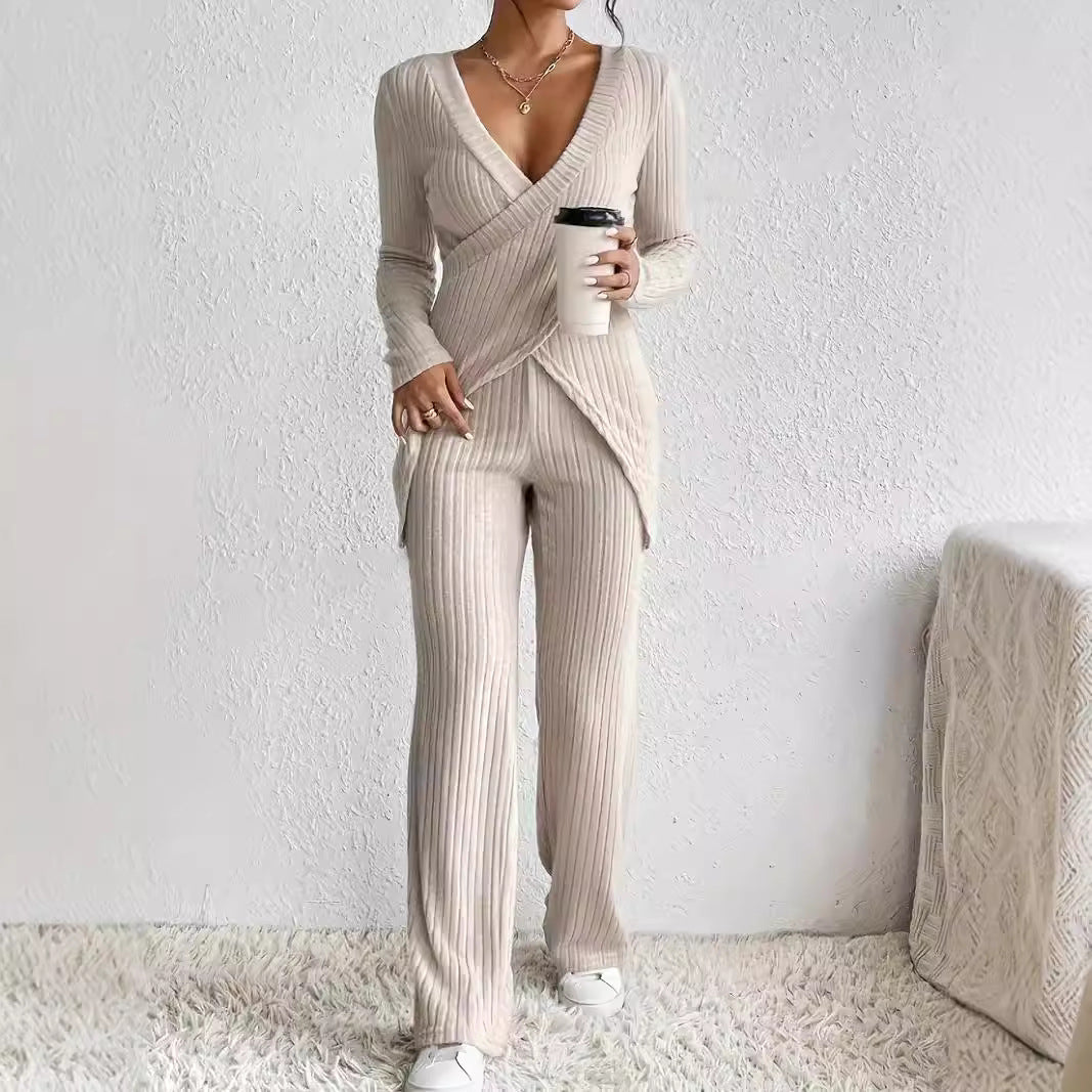 Slim-fit Long-sleeved Loose High Waist Top Pants Set