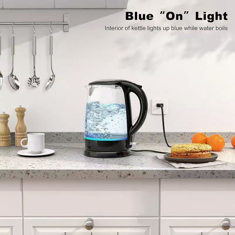 2L Electric Kettle Fast Boil Quiet Glass Kettle 360 Blue LED Boil-Dry Protection