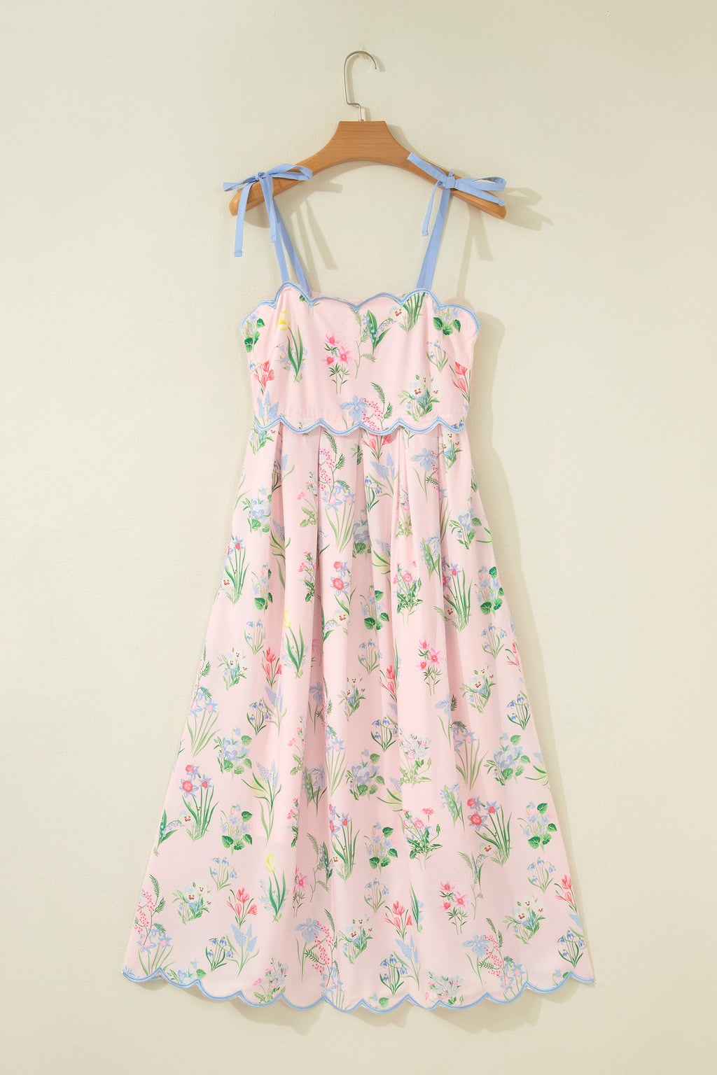 Beige Floral Print Contrast Trim Self-tie Straps High Waist Midi Dress