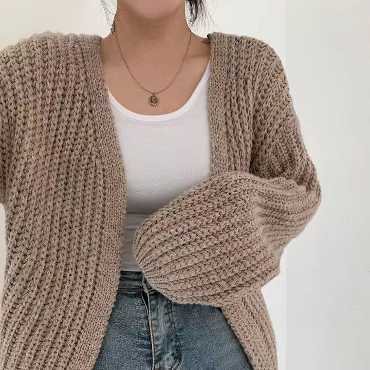 Solid Color Balloon Sleeve Knit Cardigan
