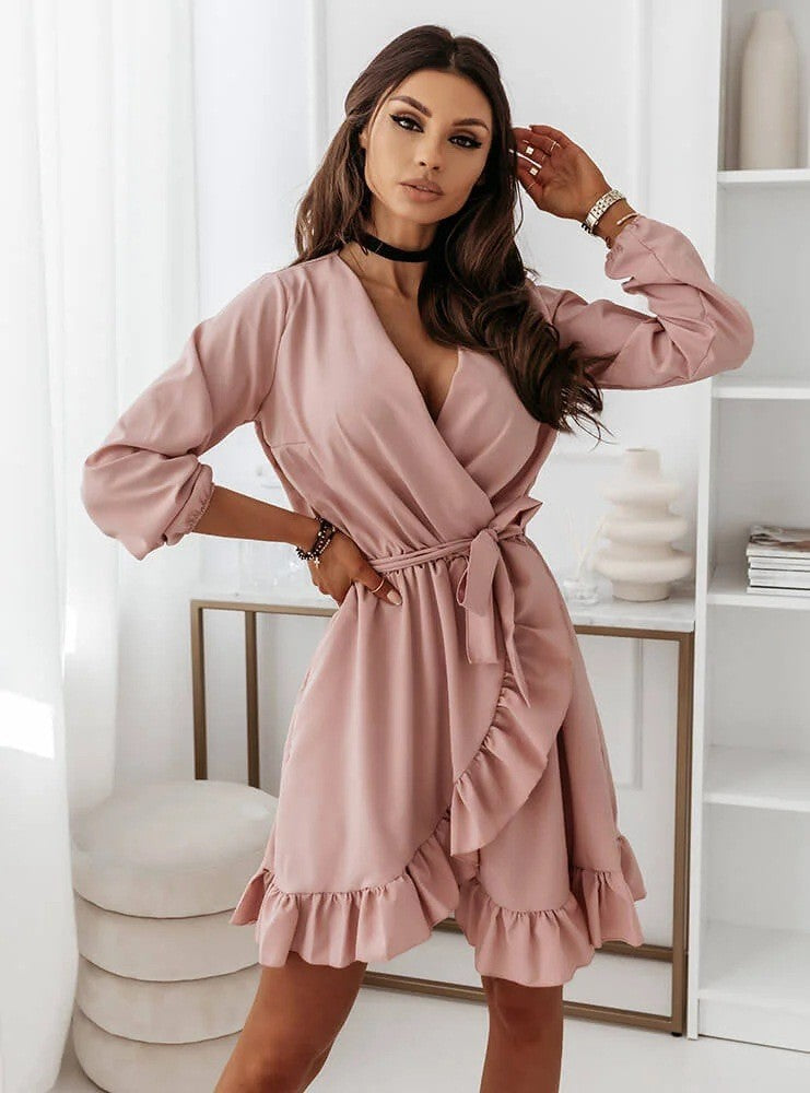 Long Sleeve Ruffled V Neck Tie Waist Dress
