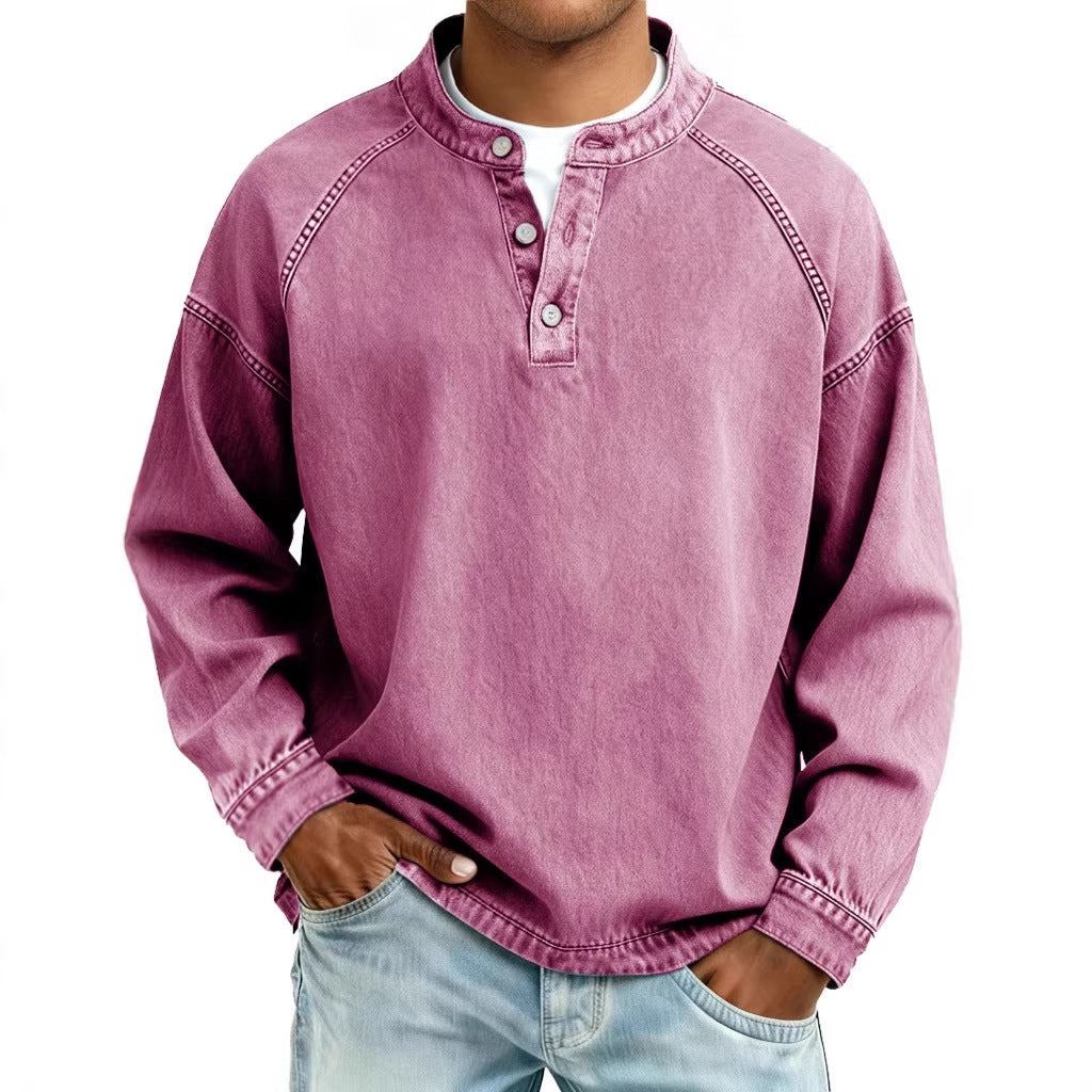 Men's Solid-Colored Casual Top Vintage Long-Sleeve Shirt