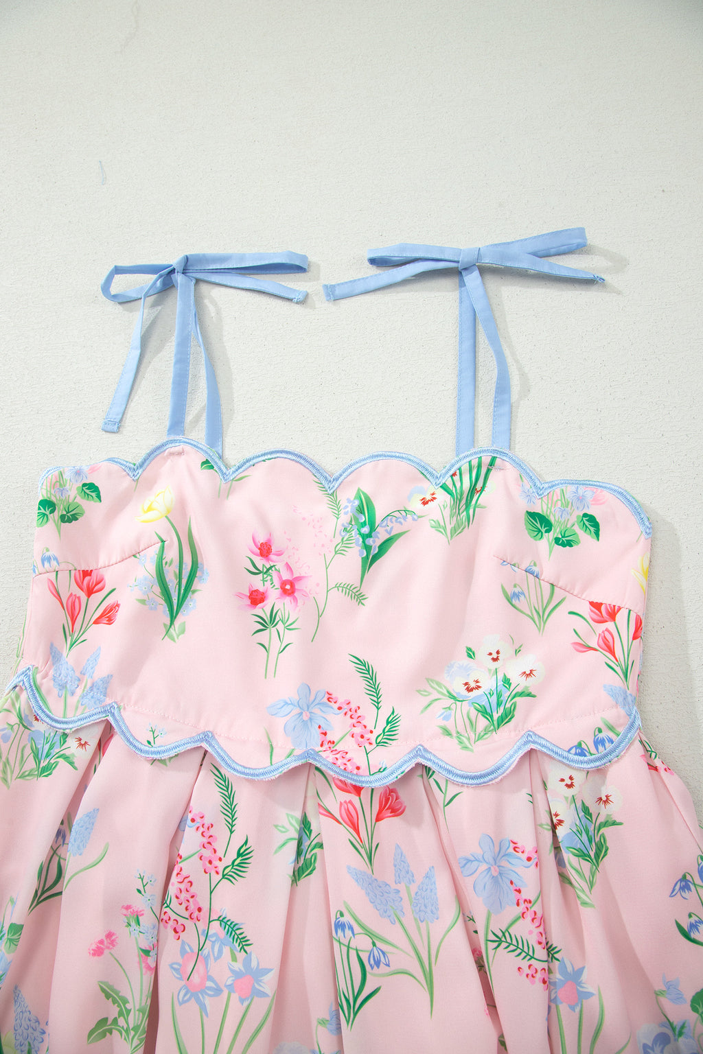 Beige Floral Print Contrast Trim Self-tie Straps High Waist Midi Dress