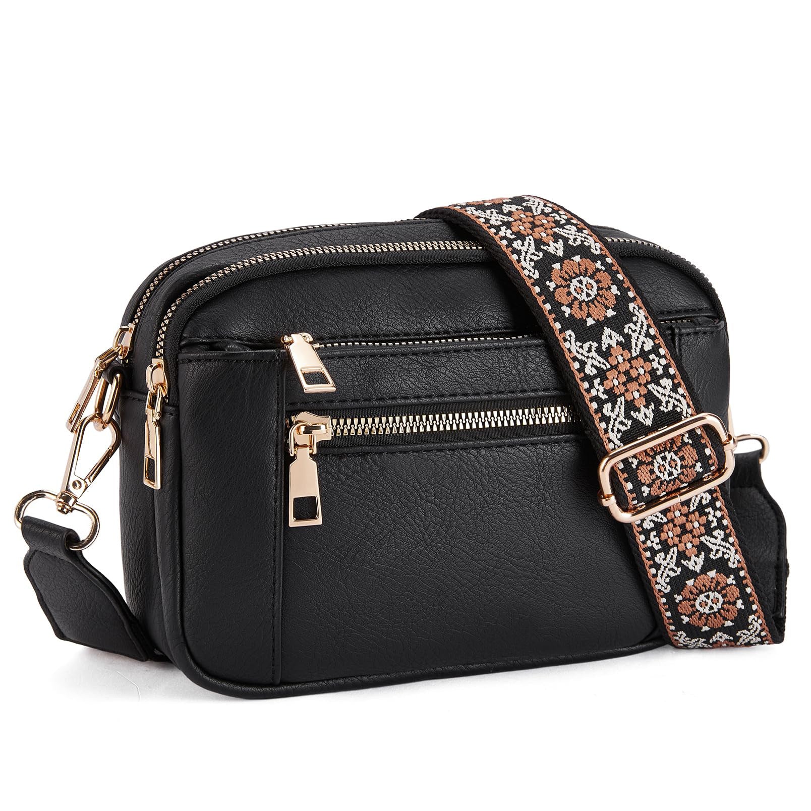 Triple-zipper Shoulder Bag With Floral