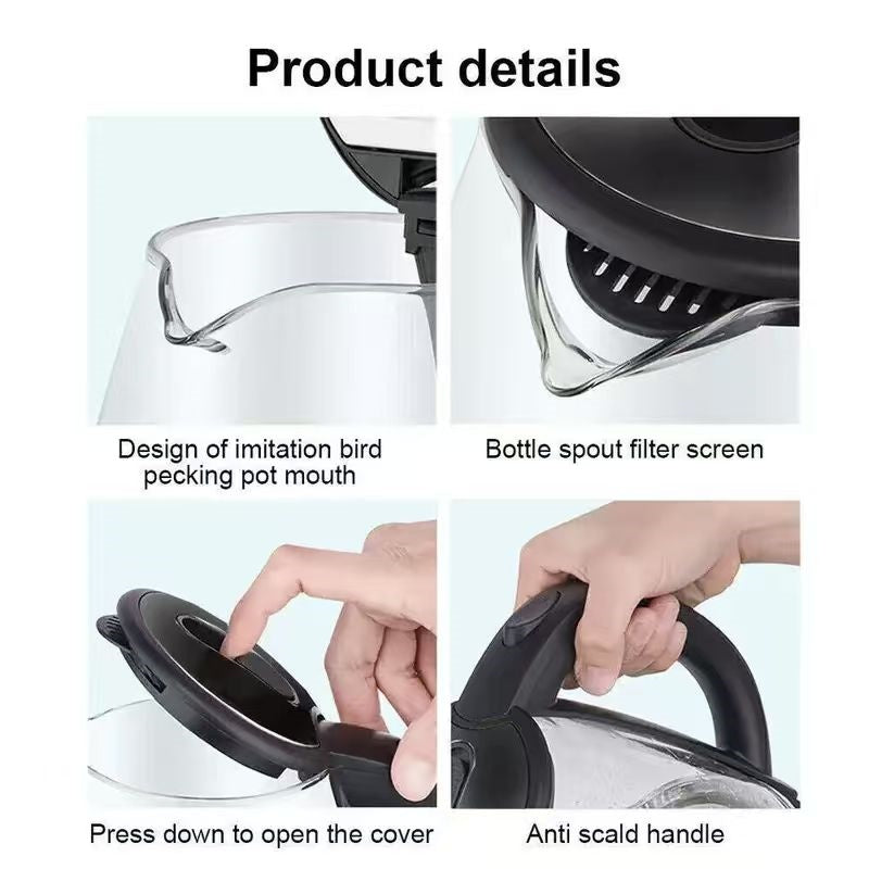 2L Electric Kettle Fast Boil Quiet Glass Kettle 360 Blue LED Boil-Dry Protection