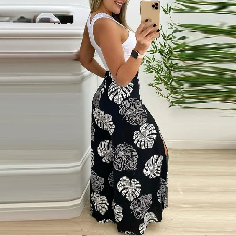 Cut-out Tank Top & Tropical Print Split Wide Leg Pants Set