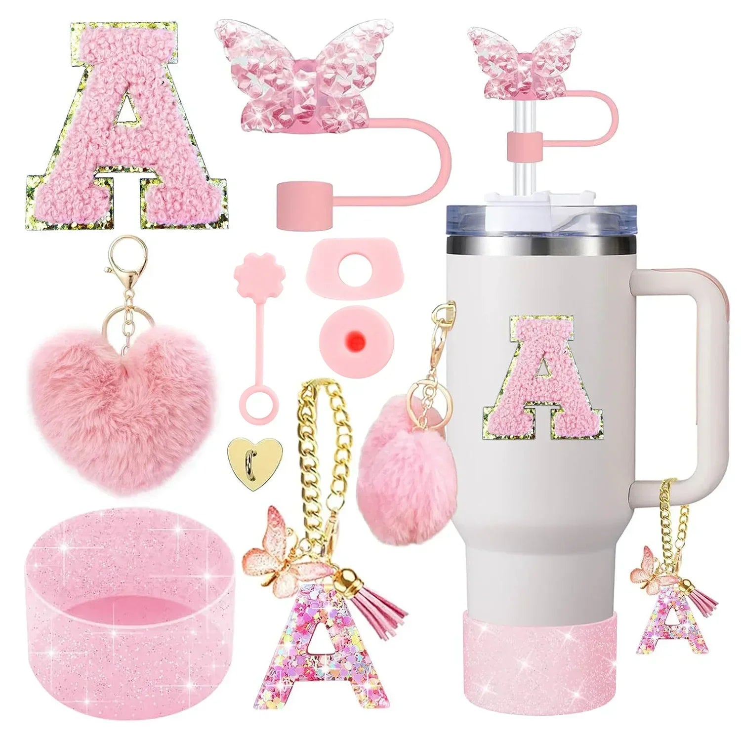 9PCS Accessory Set for Stanley Cup 30oz 40oz Butterfly Straw Cover Cap Silicone Boot Charm Initials Sticker Spill Proof Stopper